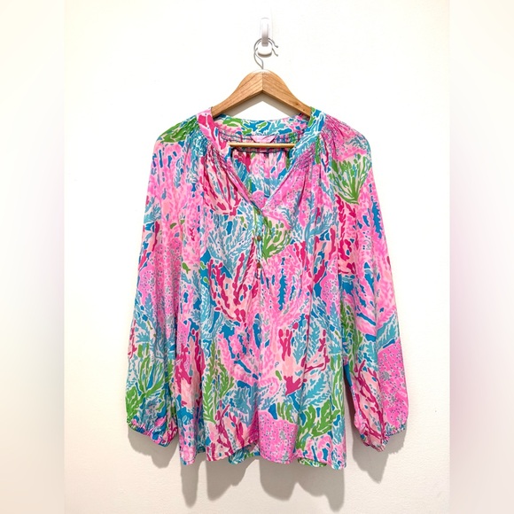 Lilly Pulitzer Tops - Lilly Pulitzer Women’s Elsa 100% Silk Colorful Top V-Neck  Long Sleeve Blouse XL